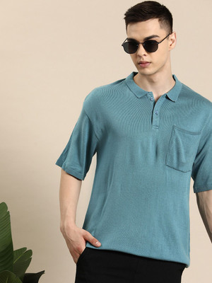 Mast & Harbour Solid Men Polo Neck Blue T-Shirt