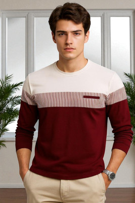 FASHIUM Colorblock Men Round Neck Maroon T-Shirt