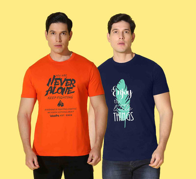 WOOSTRO Printed Men Round Neck Blue, Orange T-Shirt