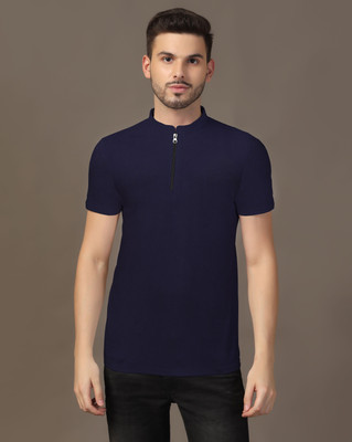GEUM Solid Men Mandarin Collar Navy Blue T-Shirt