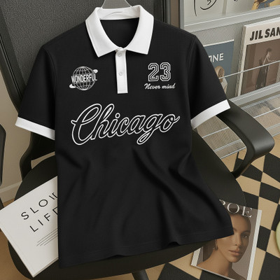 Try This Printed Men Polo Neck Black T-Shirt