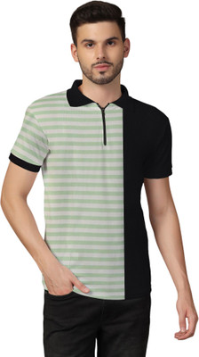 tfurnish Striped Men Polo Neck Green T-Shirt
