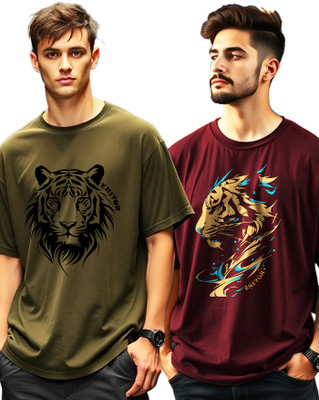 AUSK Printed Men Round Neck Green, Maroon T-Shirt