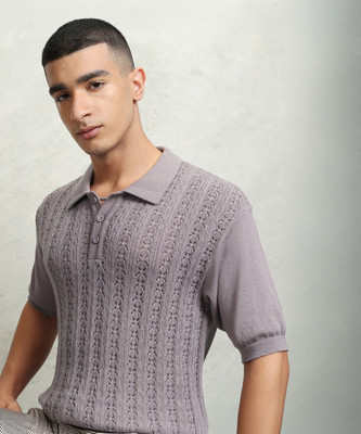 HIGHLANDER Self Design Men Polo Neck Purple T-Shirt