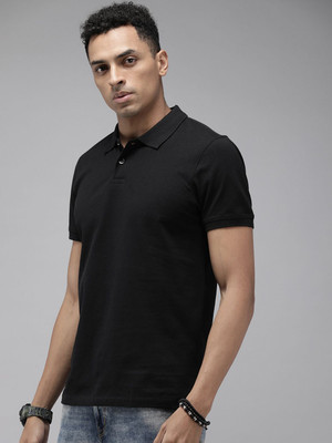 Roadster Solid Men Polo Neck Black T-Shirt