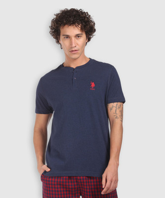 U.S. POLO ASSN. Solid Men Henley Neck Blue T-Shirt