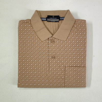 COLORTRAIT Solid, Striped Men Polo Neck Beige T-Shirt