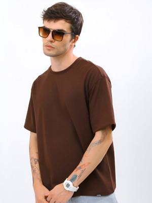 JP Creation Solid Men Round Neck Brown T-Shirt