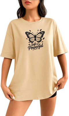 Stylicity Printed Women Round Neck Beige T-Shirt