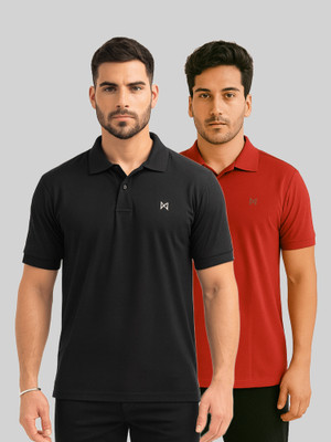 Force NXT Solid Men Polo Neck Black, Red T-Shirt