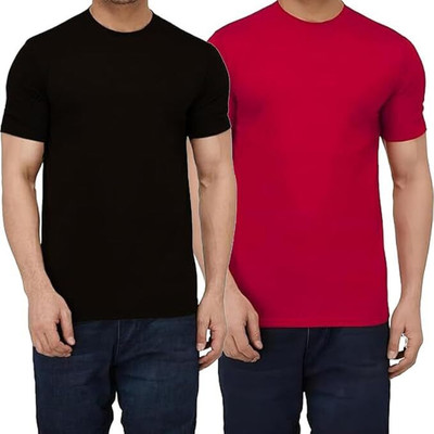 P collection Solid Men Round Neck Black, Red T-Shirt