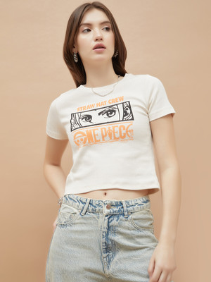 Ginger by Lifestyle Printed Women Round Neck White T-Shirt