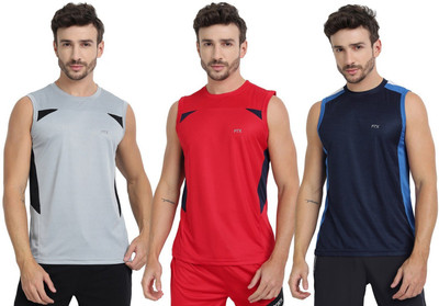 FTX Colorblock Men Round Neck Dark Blue, Red, Grey T-Shirt