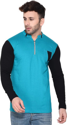 Trendfull Solid Men Mandarin Collar Light Green T-Shirt
