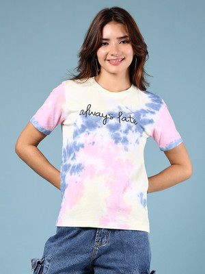 V-MART Printed Women Round Neck Pink T-Shirt