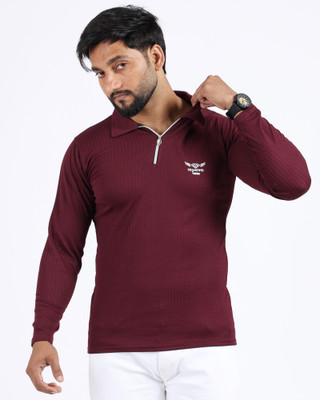 Diamond Fashion Solid Men Zip Neck Maroon T-Shirt