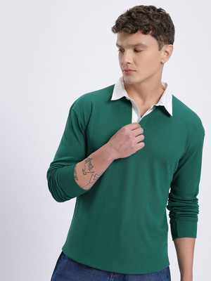 Glitchez Solid Men Polo Neck Green T-Shirt