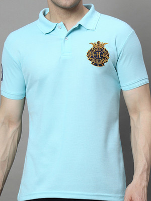 Hushbucks Printed Men Polo Neck Light Blue T-Shirt