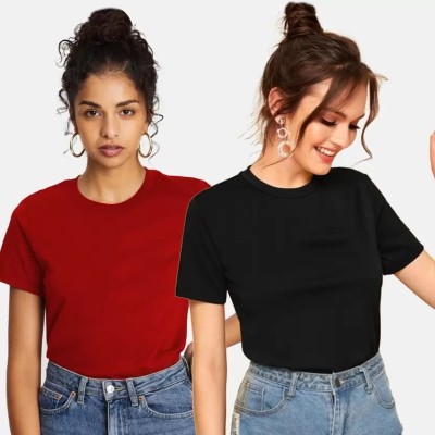 Attires World Solid Women Round Neck Black, Red T-Shirt