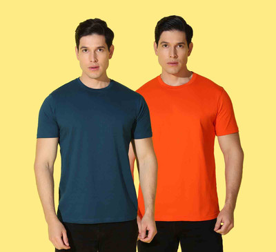 WOOSTRO Solid, Printed Men Round Neck Blue, Orange T-Shirt