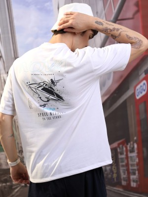 KETCH Solid, Printed Men Round Neck White T-Shirt