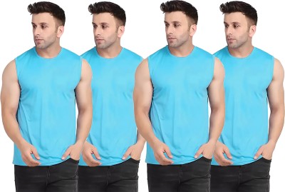 Think Tech Solid Men Round Neck Light Blue T-Shirt