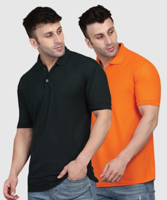 INKKR Solid Men Polo Neck Black, Orange T-Shirt