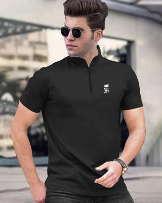 FastColors Solid Men Zip Neck Black T-Shirt