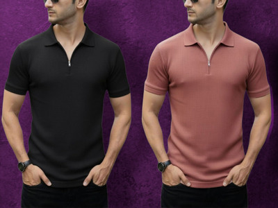 The Stanch Self Design Men Zip Neck Black, Pink T-Shirt