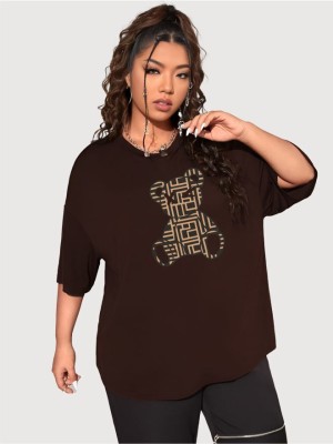 Atlies Printed Women Round Neck Brown T-Shirt