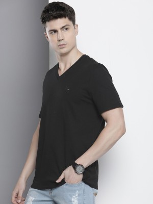 TOMMY HILFIGER Solid Men V Neck Black T-Shirt