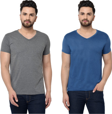 Tresna Fab Solid Men V Neck Dark Blue, Grey T-Shirt