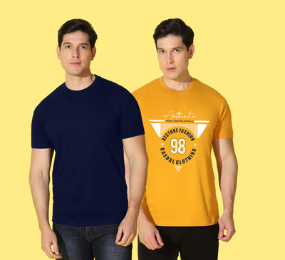 WOOSTRO Typography Men Round Neck Dark Blue, Yellow T-Shirt