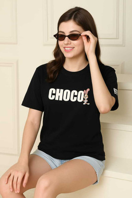 SHEHZADI ONLINE Graphic Print, Typography Women Crew Neck Black T-Shirt