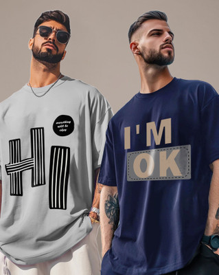 AUSK Typography Men Round Neck Grey, Navy Blue T-Shirt