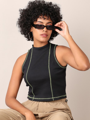 V-MART Solid Women High Neck Black T-Shirt