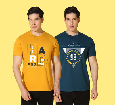 WOOSTRO Typography Men Round Neck Yellow, Blue T-Shirt