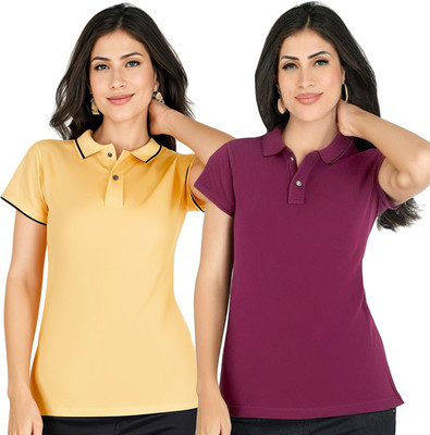 SHAUN Solid Women Polo Neck Multicolor T-Shirt