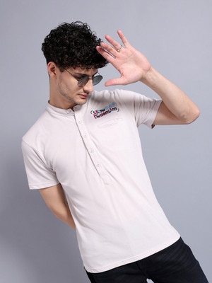The Indian Garage Co. Embroidered Men Henley Neck Beige T-Shirt