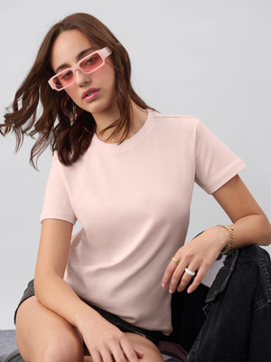 The Souled Store Solid Women Round Neck Pink T-Shirt