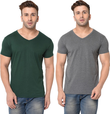 Tresna Fab Solid Men V Neck Dark Green, Grey T-Shirt