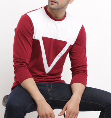 Try This Colorblock Men Round Neck Maroon T-Shirt