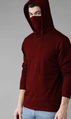 HouseOfCommon Solid Men Hooded Neck Maroon T-Shirt