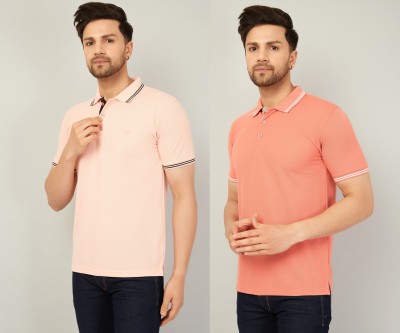 We Perfect Solid Men Polo Neck Pink T-Shirt