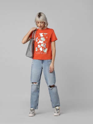 ONLY Printed Women Round Neck Orange T-Shirt