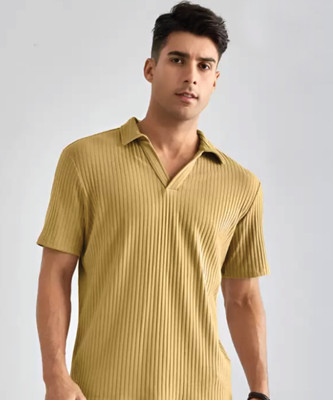 Christy World Solid Men Polo Neck Beige T-Shirt