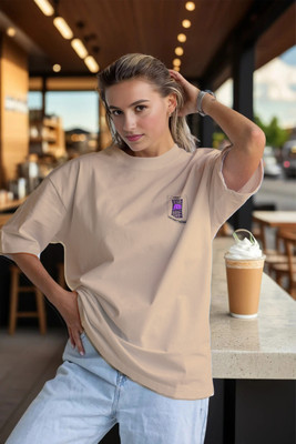 BLURR Printed Women Round Neck Beige T-Shirt