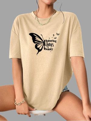 Taytaya Printed Women Round Neck Beige T-Shirt