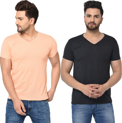 Tresna Fab Solid Men V Neck Black, Pink T-Shirt