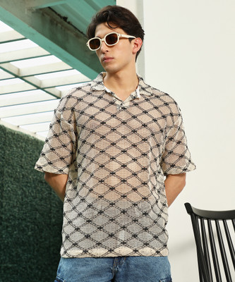CAMPUS SUTRA Self Design Men Polo Neck Beige T-Shirt